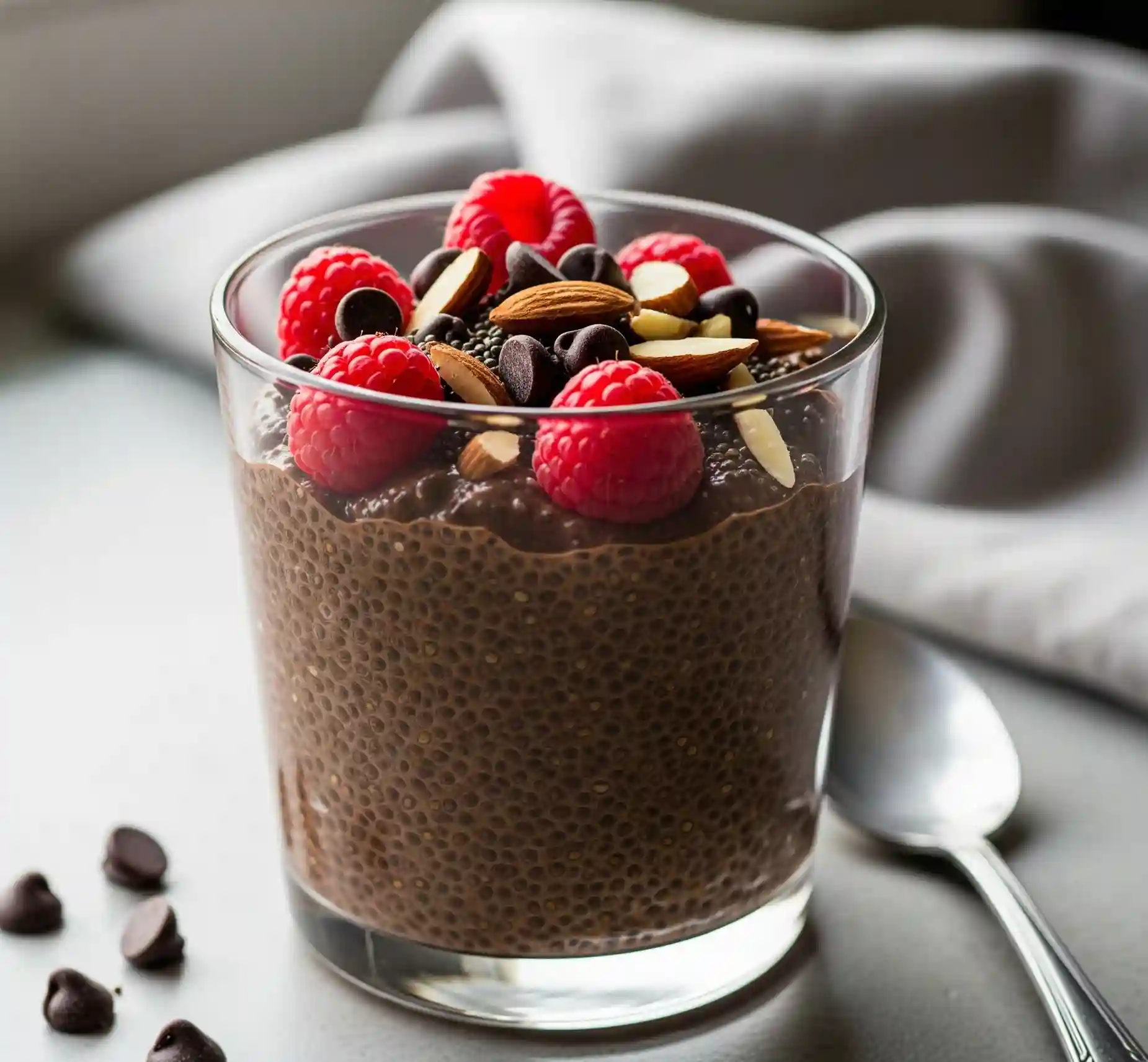 Chocolate chia seed pudding with berries