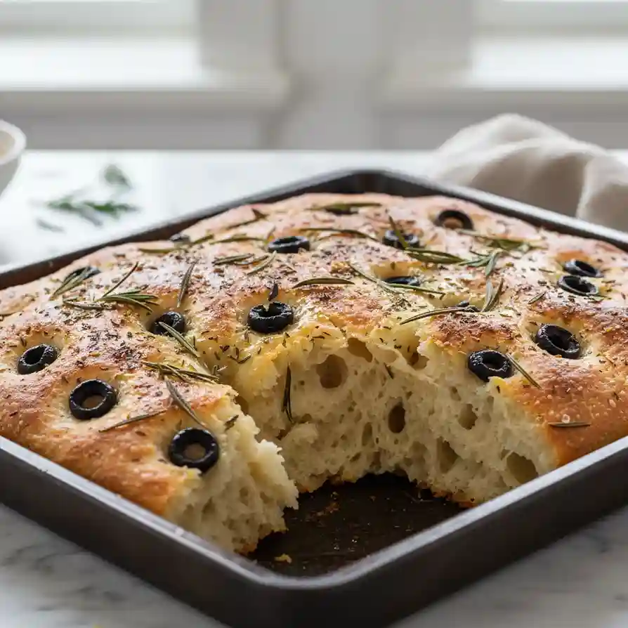 overnight sourdough focaccia bread with black olives and herbs